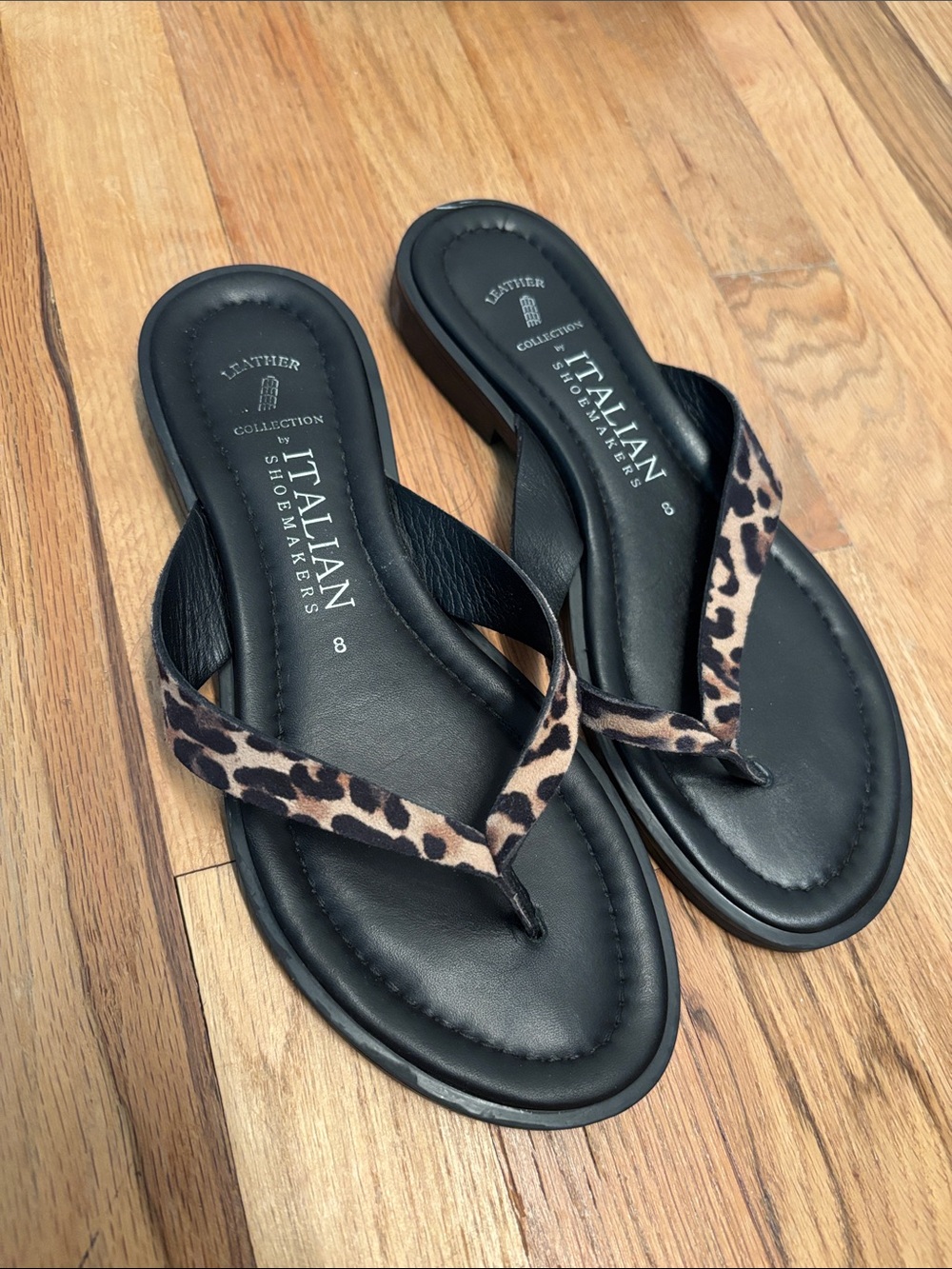 Italian Shoemakers Black Sandals with Leopard-Print Strap